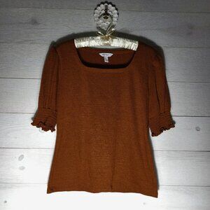 Nine West Top Brown Square Neck Smock Sleeve BOHO